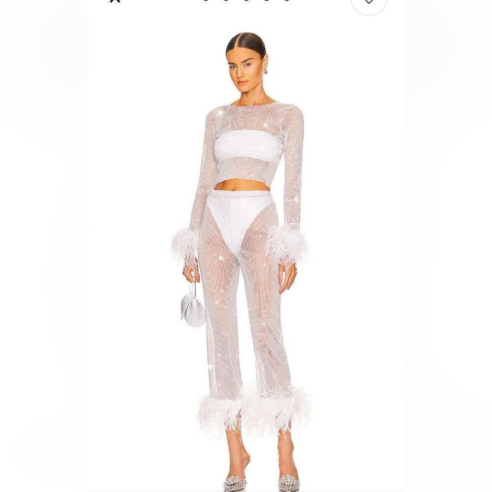 Santa Brands Feather Trim Crystal Top Mesh White Sheer Party Resort Revolve Nwt — image 5 of 8